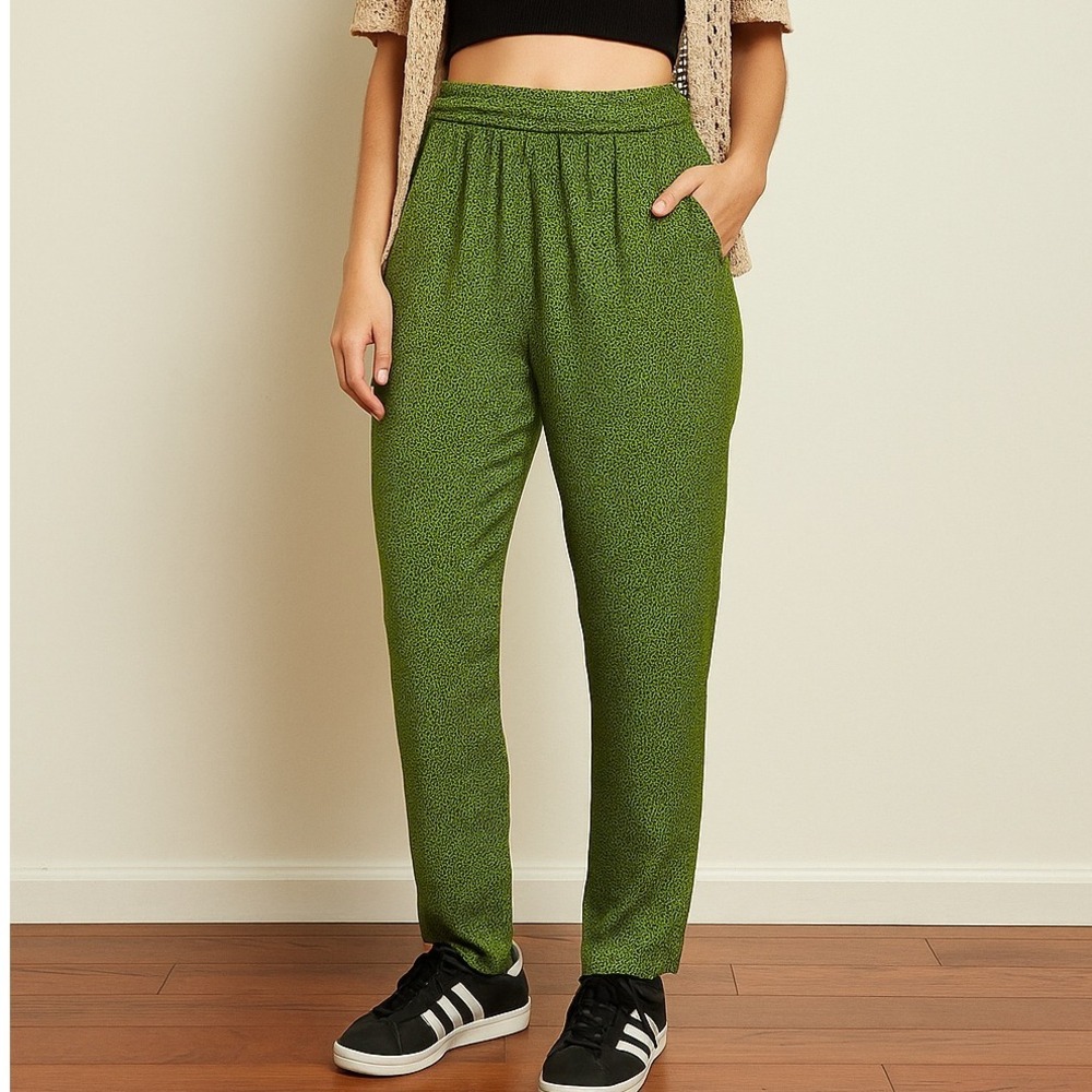 Vintage 90s Mixit Green Rayon Pants M Abstract Geo Print Boho Lounge Trousers